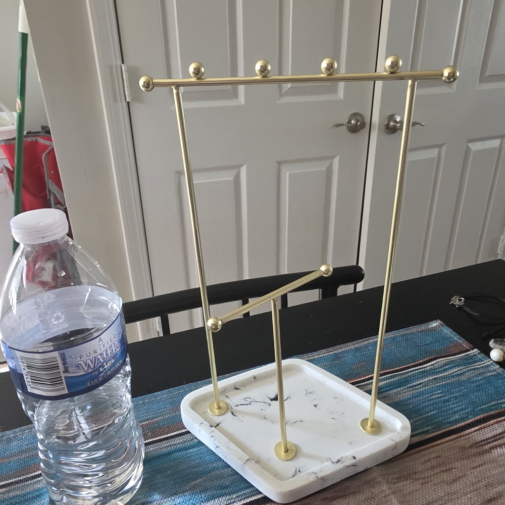 Gold and White Marble Jewelry Stand - Minimal Necklace & Earring Organizer